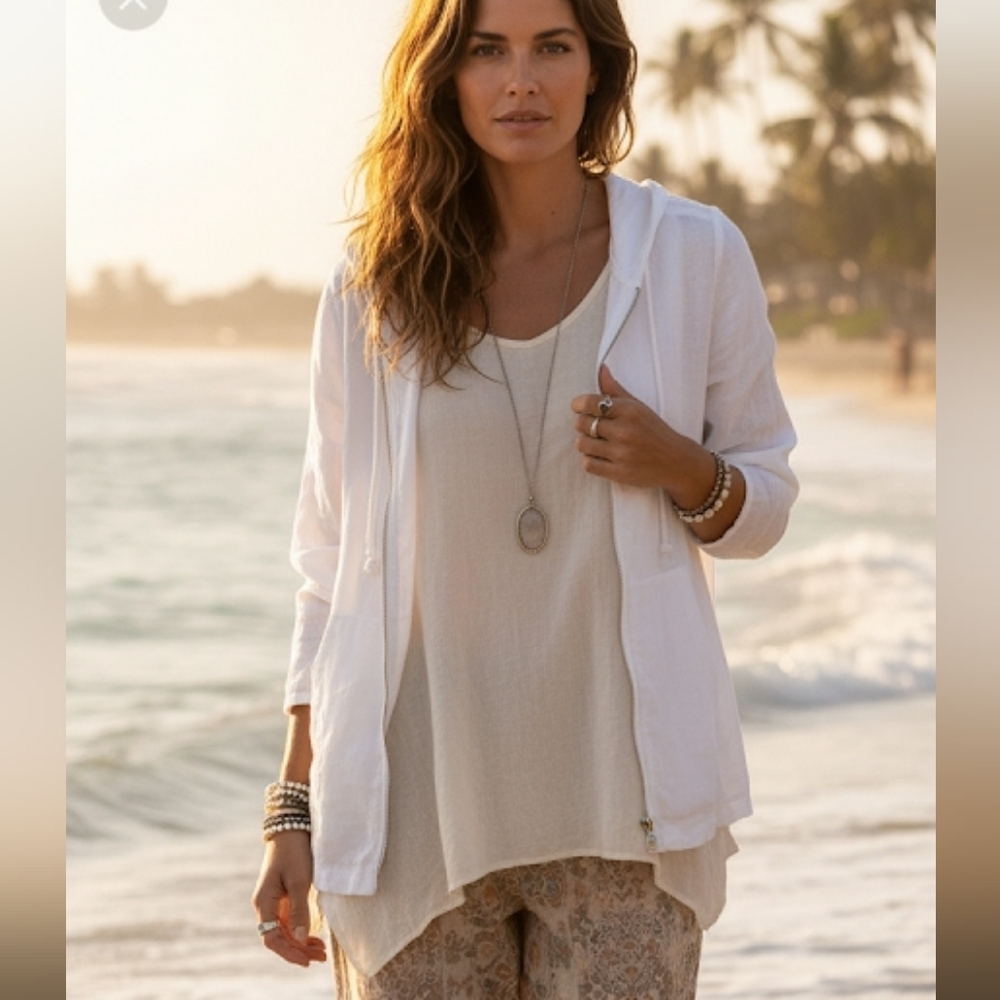 100% Linen Made In Italy White Lightweight Hooded Jacket One Size